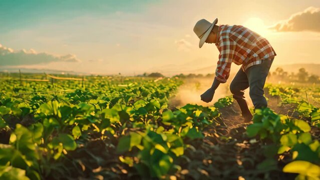 A man is kneeling down in a lush field of green plants under bright sunlight, A farmer working in their fields under the bright sun