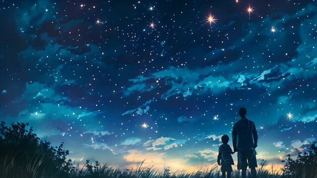 A man and a child looking up at the stars in the night sky, A father and child stargazing together on a summer night