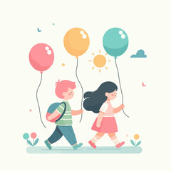 illustration of children walking with colorful balloons