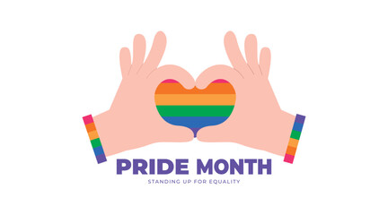 LGBTQ Pride Heart formed by two hands. Heart Shape with LGBT Progress Pride Rainbow Flag Pattern 