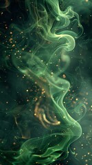 Obraz premium A swirling green smoke background dotted with shimmering gold flecks