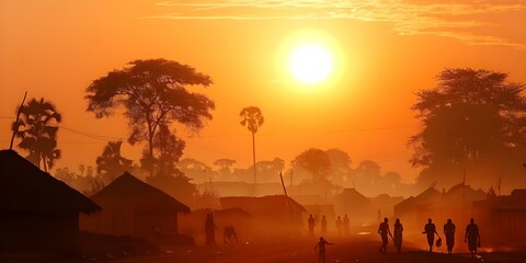 Obraz premium African village at sunset with people walking ideal wall decor. Concept African Village, Sunset, People Walking, Wall Decor, Cultural Art