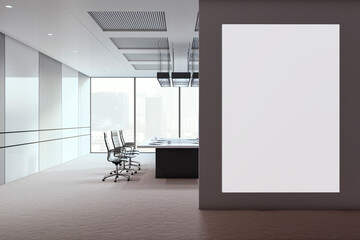 Modern bright meeting room interior with white mock up banner, panoramic windows and city view. 3D...