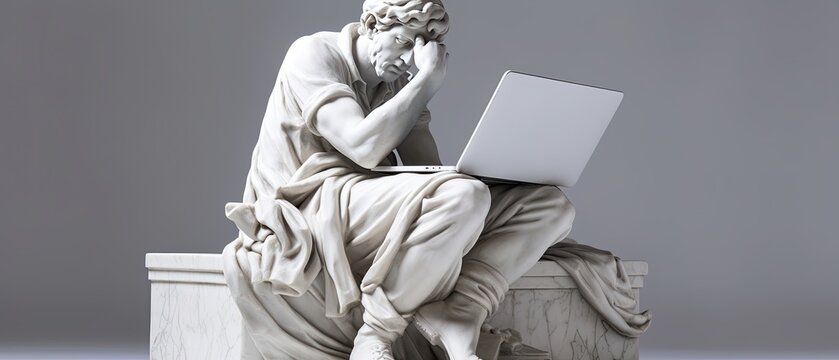 Statue of a man sitting and doing computer work. 