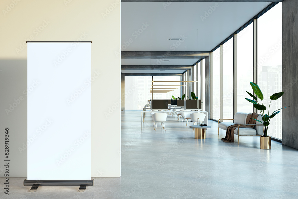 Poster modern spacious coworking office with empty white mock up billboard, window and city view, equipment
