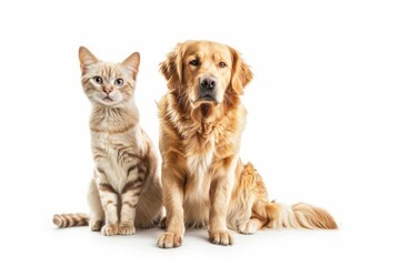 A cat and dog sitting upright and facing forward their expressions curious and alert against a stark white background