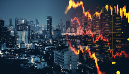 Abstract downward red forex candlestick hologram on blurry night city background. Financial crisis,...