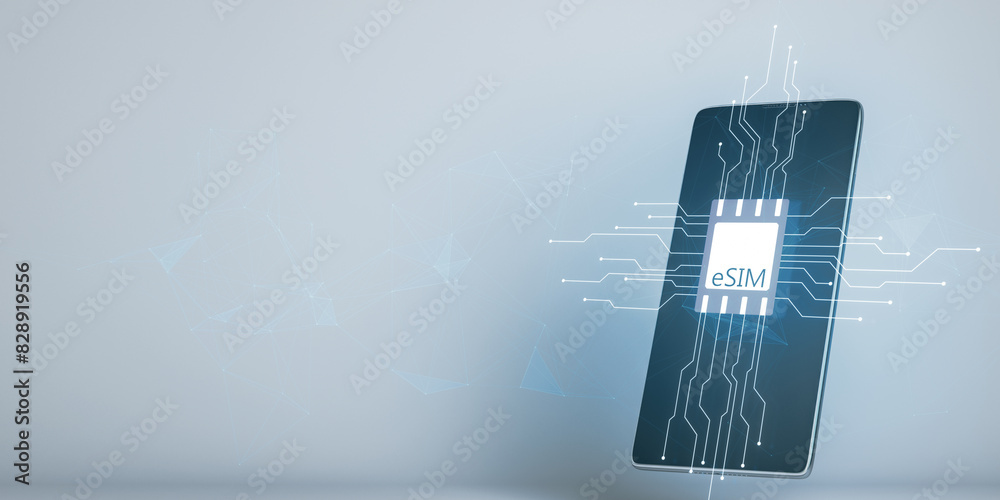 Aufkleber Close up of smartphone with Esim chip card icon with circuit on blurry light background with mock up place. Embedded sim card cellular mobile technology smart concept. 3D Rendering.