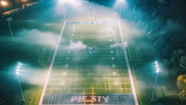 An aerial view of a football field at night brightly lit up by stadium lights, ready for a game, A football field bathed in the glow of stadium lights