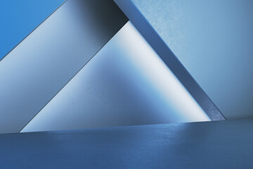 Blank blue triangular gallery wall with mock up place. Museum concept. 3D Rendering.