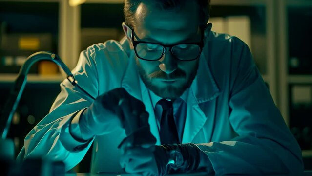 A man in a lab coat closely inspects a computer screen showing a compromised system, A forensic investigator analyzing a compromised system