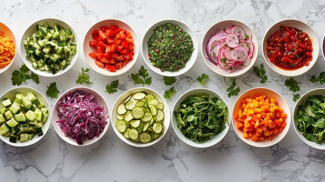 Top-view of a vibrant salad bar setup with bowls of fresh greens, colorful vegetables, and a variety of toppings. The clean and fresh presentation leaves plenty of copy space for text. Ideal for