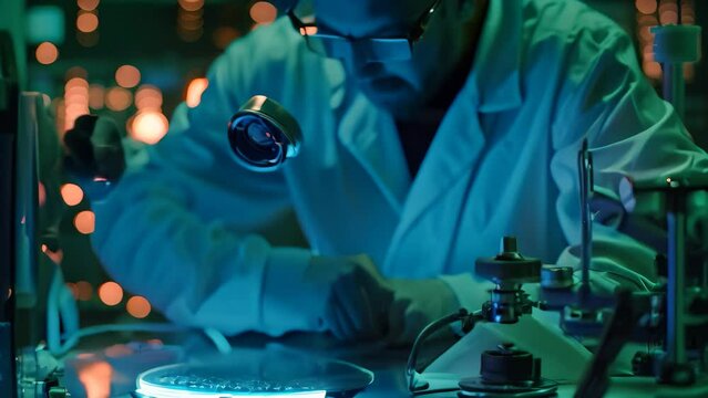 A man in a lab coat is closely looking through a microscope at a compromised system for forensic investigation, A forensic investigator analyzing a compromised system