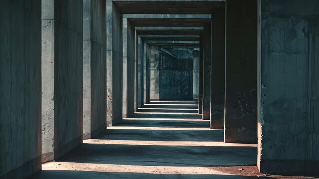 A long hallway featuring concrete walls and flooring, with a play of light and shadow, A frame that plays with light and shadow to create depth
