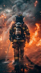 Fototapeta premium A firefighter courageously walks through a raging fire while holding a hose to extinguish the flames