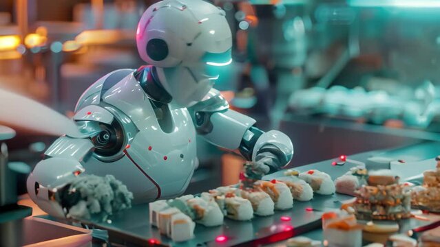 A robot in a futuristic setting is standing over a tray filled with sushi rolls, A futuristic and technological rendering of a robotic sushi chef preparing sushi with precision and accuracy