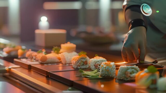 A robotic hand is reaching out to grab a piece of sushi, A futuristic and technological rendering of a robotic sushi chef preparing sushi with precision and accuracy