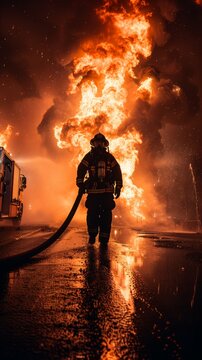 A firefighter stands in front of a massive fire, ready to address the blazing inferno