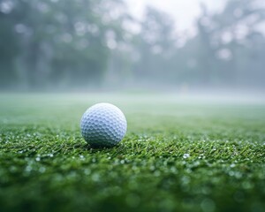 Obraz premium Tranquil mist on golf course, detailed shot of ball and club, emphasizing texture and light in serene, high-quality atmosphere.