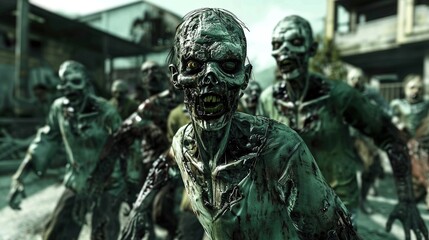 Fototapeta premium Terrifying horde of zombies in apocalyptic setting