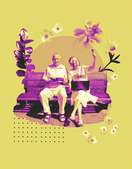 Senior couple sitting together on abstract background. Retired elderly people man and woman enjoy and fun outdoor activity
