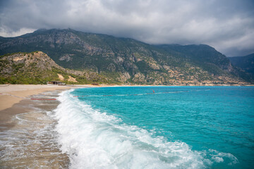 Oludeniz beach without people in the morning, beach next to Fethiye, Turkey