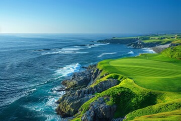 Lush golf course by the sea, vibrant green grass against deep blue waters, waves gently crashing.