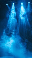 A stage featuring three spotlights shining brightly on it, set up for a performance or event