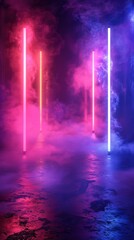 Neon lights shining in the water, creating a colorful reflection