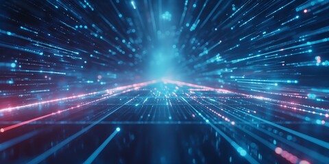 Obraz premium An abstract concept of blue and red particles with a central light source invoking a sense of speed and technology