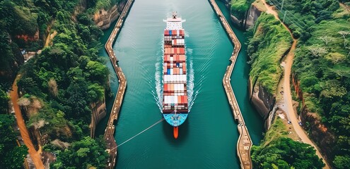 A cargo ship carrying a large number of containers is crossing a canal