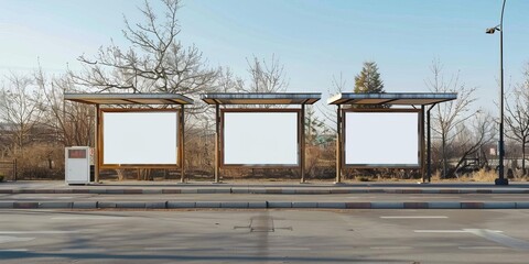 Empty Bus Stop with Multiple Billboards and a Clear, Bright Day