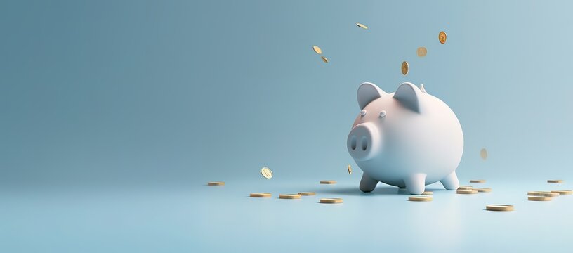 White piggy bank with no coins scattered in the photo on a gray background