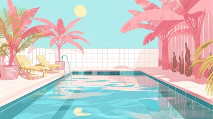Fototapeta premium illustration summer background in pink and blue colors, swimming pool with palm trees in the hote