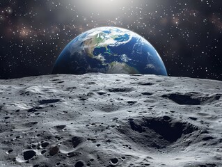 Image taken from the Moon's surface, featuring view of Earth rising over the horizon. The vibrant blues, greens, and whites of Earth contrast beautifully with the Moon's grey, cratered landscape