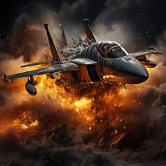 Obraz premium Military fighter on fire. The fighter plane is burning and smoking. Military plane crash. Military aviation. War, explosion, terrorist attack, terrorist attack, military action.