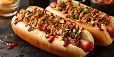 Loaded Danish hot dog presented on a stylish black background. Concept Food Photography, Gourmet Hot Dogs, Stylish Presentation, Loaded Toppings, Black Background