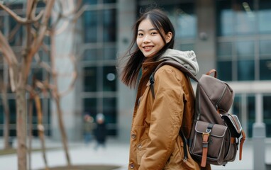 Obraz premium A beautiful young Asian woman walking down the street with a backpack