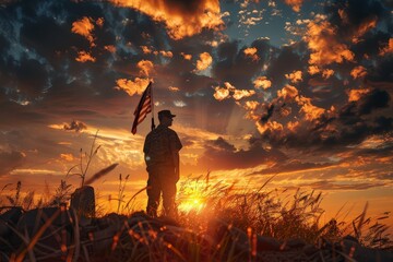 Fototapeta premium A photorealistic Memorial Day tribute titled Shadows of Honor focus on, honoring the fallen, realistic, composite against a sunset backdrop