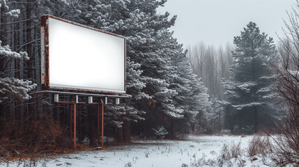 Billboard Amidst Snow Laden Trees in a Serene Forest.