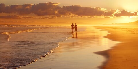 A couple takes a romantic walk along the beach at sunset, with waves gently lapping at the shore and sun casting golden hues