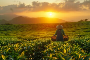 Morning serenity at a tea plantation in Asia, where pickers gather lush green leaves. - Powered by Adobe