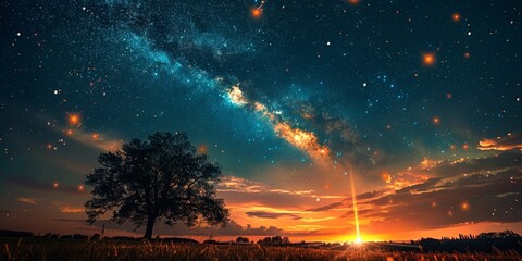 In the mystery of the night, a vibrant sunset fades, revealing a lonely tree against a starry...