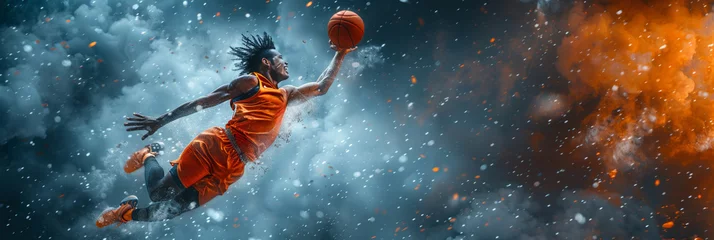 Fotobehang An African basketball player leaping for a slam dunk amidst confetti and festive smoke. © Andrii Zastrozhnov