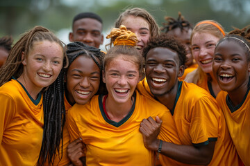 A diverse sports team celebrates victory in a soccer match, exuding happiness and teamwork.