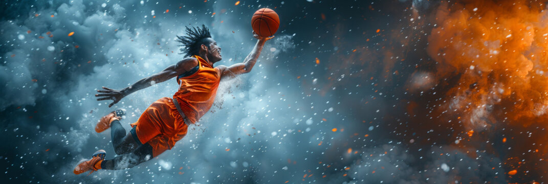 An African basketball player leaping for a slam dunk amidst confetti and festive smoke. - Powered by Adobe