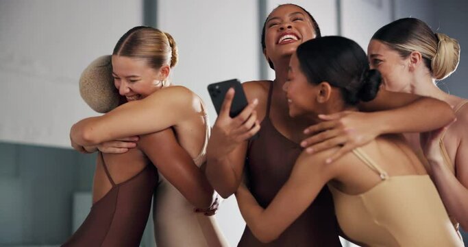 Ballet, dancer and smartphone or woman group, excited and notification for professional dance competition acceptance. Happy, rehearsal and break for networking together, winner or celebration