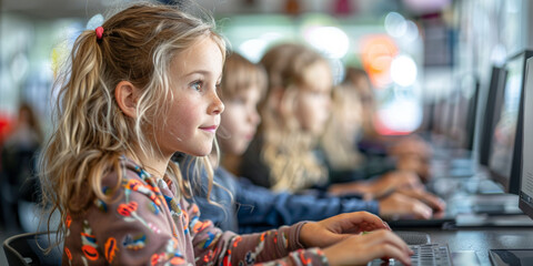 In a primary school classroom, young girls study computer science, focused on laptops and tablets.