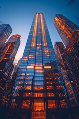 Obraz premium In the urban downtown, tall skyscrapers reflect the sunset with modern glass facades.
