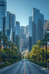Fototapeta premium In an urban metropolis, skyscrapers frame the sunset against a backdrop of mountains.